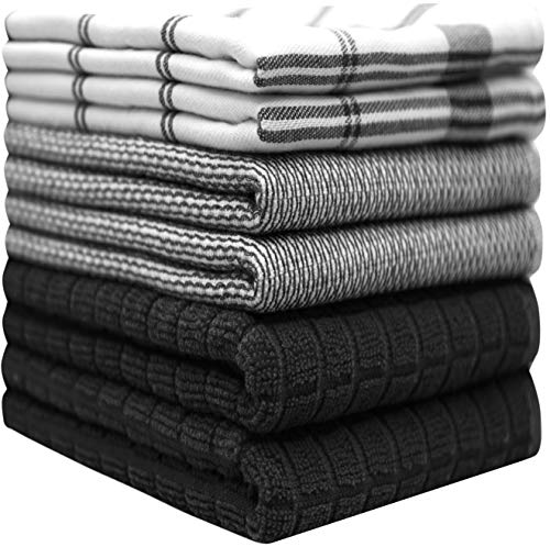 Premium Kitchen Towels (20”x 28”, 6 Pack) | Large Cotton Hand Towels | Flat & Terry Dish Towels | Highly Absorbent Tea Towels Set with Hanging Loop | Black Check