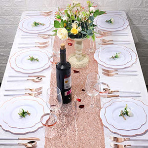 BUCLA 30Guest White And Rose Gold Plastic Plates With Rose Gold Plastic Silverware& Disposable Plastic Cups- Rose Gold Rim Plastic Dinnerware Ideal For Mother's Day, Weddings And Parties