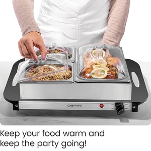 Chefman Electric Buffet Server + Warming Tray w/Adjustable Temperature & 3 Chafing Dishes, Hot Plate Perfect for Holidays, Catering, Parties, Events & Home Dinners, 14" x 14" Surface, Stainless Steel