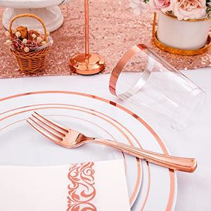 700 PCS Rose Gold Dinnerware Set-200 Rose Gold Plastic Plates-300 Rose Gold Disposable Silverware-100 Disposable Cups 10 oz-100 Paper Napkins,White Plates Rose Gold Rim for Party & Wedding