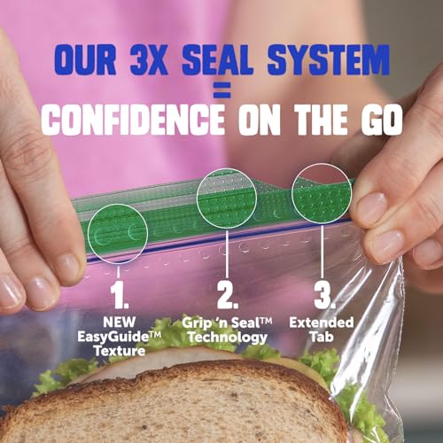 Ziploc XL Sandwich and Snack Bags with EasyGuide Texture, Plastic Storage Bags with Grip 'n Seal Technology, 90 Bags Total