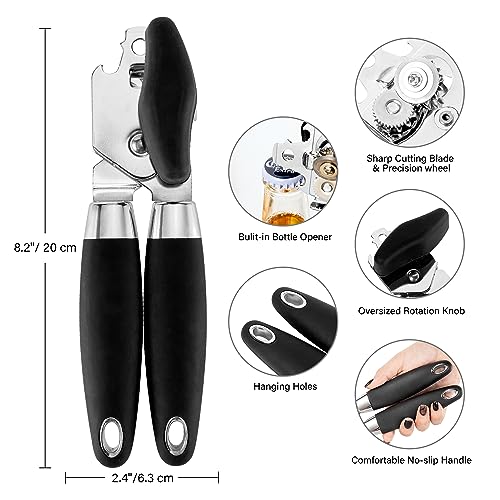 TJ POP Can Opener Manual, Durable Manual Can Opener Smooth Edge Cut Stainless Steel Blades, Heavy Duty Handheld Can Opener with Comfortable Grip Handle and Large Turn Knob -Black