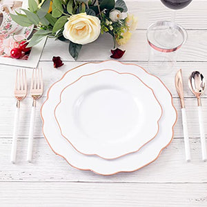 BUCLA 30Guest White And Rose Gold Plastic Plates With Rose Gold Plastic Silverware& Disposable Plastic Cups- Rose Gold Rim Plastic Dinnerware Ideal For Mother's Day, Weddings And Parties