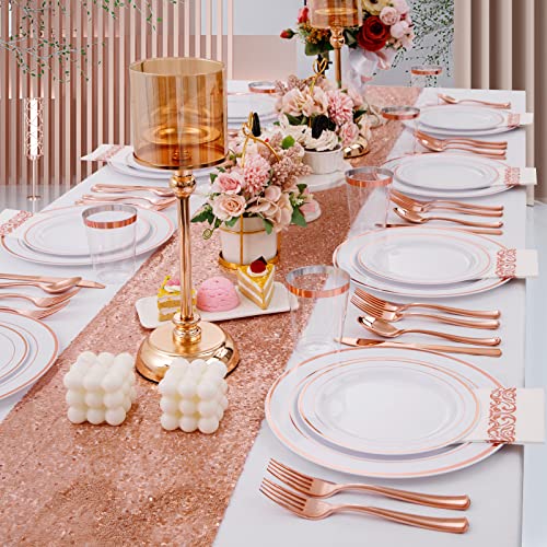 700 PCS Rose Gold Dinnerware Set-200 Rose Gold Plastic Plates-300 Rose Gold Disposable Silverware-100 Disposable Cups 10 oz-100 Paper Napkins,White Plates Rose Gold Rim for Party & Wedding