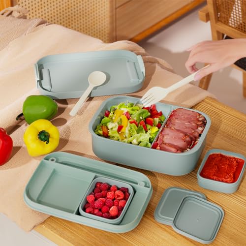 Adult Lunch Bento Box - 66oz / 1960ml Bento Box for Adult, Lunch Containers with 2 Sauce Containers & Utensil Set, 100% Leak Proof, BPA-Free, Dishwasher/Microwave Safe, Office, School & Picnic, Green