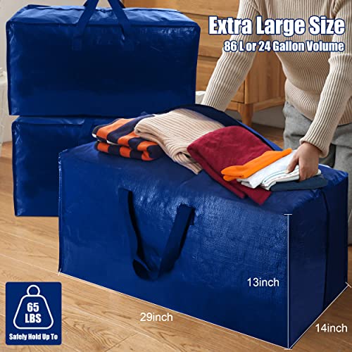 4 Pack Heavy Duty Extra Large Moving Bags with Backpack Straps - Strong Handles & Zippers, Storage Totes For Space Saving, Fold Flat, Alternative to Moving Box (X-Large-Set of 4, Blue)