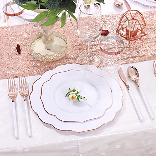 BUCLA 30Guest White And Rose Gold Plastic Plates With Rose Gold Plastic Silverware& Disposable Plastic Cups- Rose Gold Rim Plastic Dinnerware Ideal For Mother's Day, Weddings And Parties