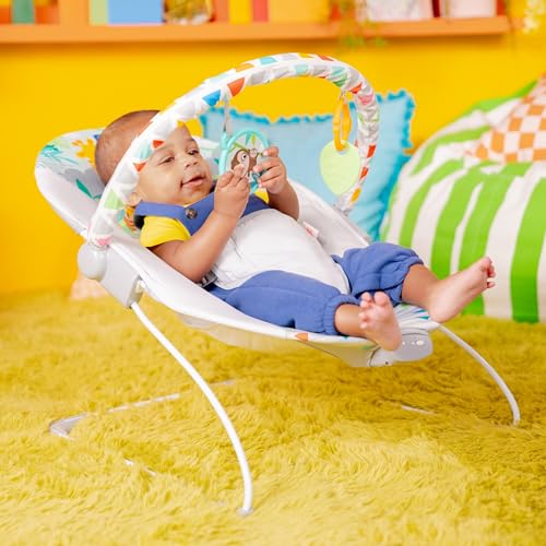 Amazon Bright Starts Baby Bouncer Soothing Vibrations Infant Seat - Removable -Toy Bar, Nonslip Feet, 0-6 Months Up to 20 lbs (Safari Fun)