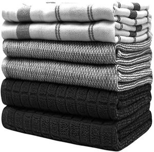 Premium Kitchen Towels (20”x 28”, 6 Pack) | Large Cotton Hand Towels | Flat & Terry Dish Towels | Highly Absorbent Tea Towels Set with Hanging Loop | Black Check