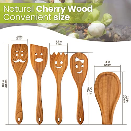 MFC 4-Piece Wooden Cooking Spoons with Spoon Rest - Kitchen Spatula Set from Natural Cherry Wood - Wooden Spoons for Cooking - Funny Wooden Utensil Set - Cooking Multipurpose Wooden Utensils