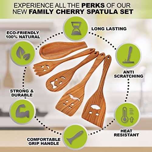 MFC 4-Piece Wooden Cooking Spoons with Spoon Rest - Kitchen Spatula Set from Natural Cherry Wood - Wooden Spoons for Cooking - Funny Wooden Utensil Set - Cooking Multipurpose Wooden Utensils