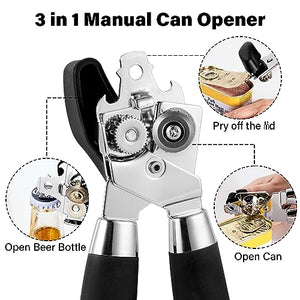 TJ POP Can Opener Manual, Durable Manual Can Opener Smooth Edge Cut Stainless Steel Blades, Heavy Duty Handheld Can Opener with Comfortable Grip Handle and Large Turn Knob -Black