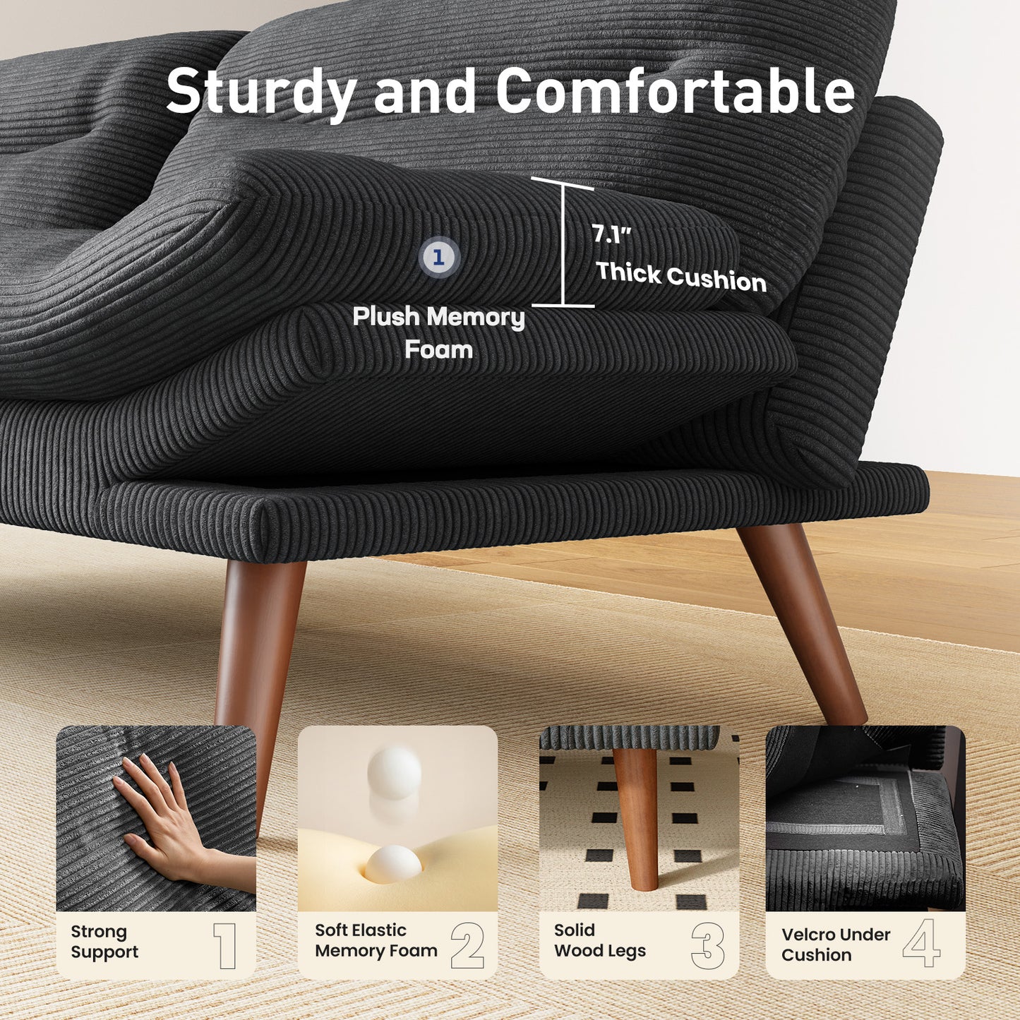 Walmart CHITOOMA 75" Corduroy Futon Sofa Bed, Gray Convertible Couch with Adjustable Backrest and 6-Level Armrests, Comfy Sleeper Sofa for Living Room, Apartment, or Office