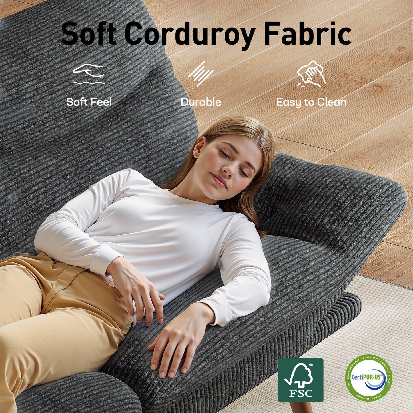 Walmart CHITOOMA 75" Corduroy Futon Sofa Bed, Gray Convertible Couch with Adjustable Backrest and 6-Level Armrests, Comfy Sleeper Sofa for Living Room, Apartment, or Office