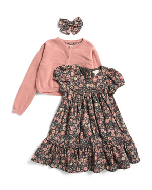 Toddler Girls Puff Sleeve Corduroy Dress With A Cardigan And Hair Bow