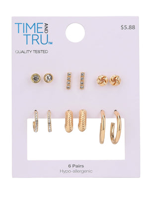 thumbnail image 3 of Time and Tru Adult Women's Gold Tone 6 Pair Stud and Hoop Crystal Metal Earring Set, 3 of 4