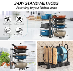 thumbnail image 5 of PHANCIR Pots and Pans Organizer Rack, 3 DIY Methods Adjustable 8-Tier Pot and Pan Rack, Metal Heavy Duty Organizer with Anti-slip Silicone Pad for Cabinet Kitchen Organization Storage, 5 of 9