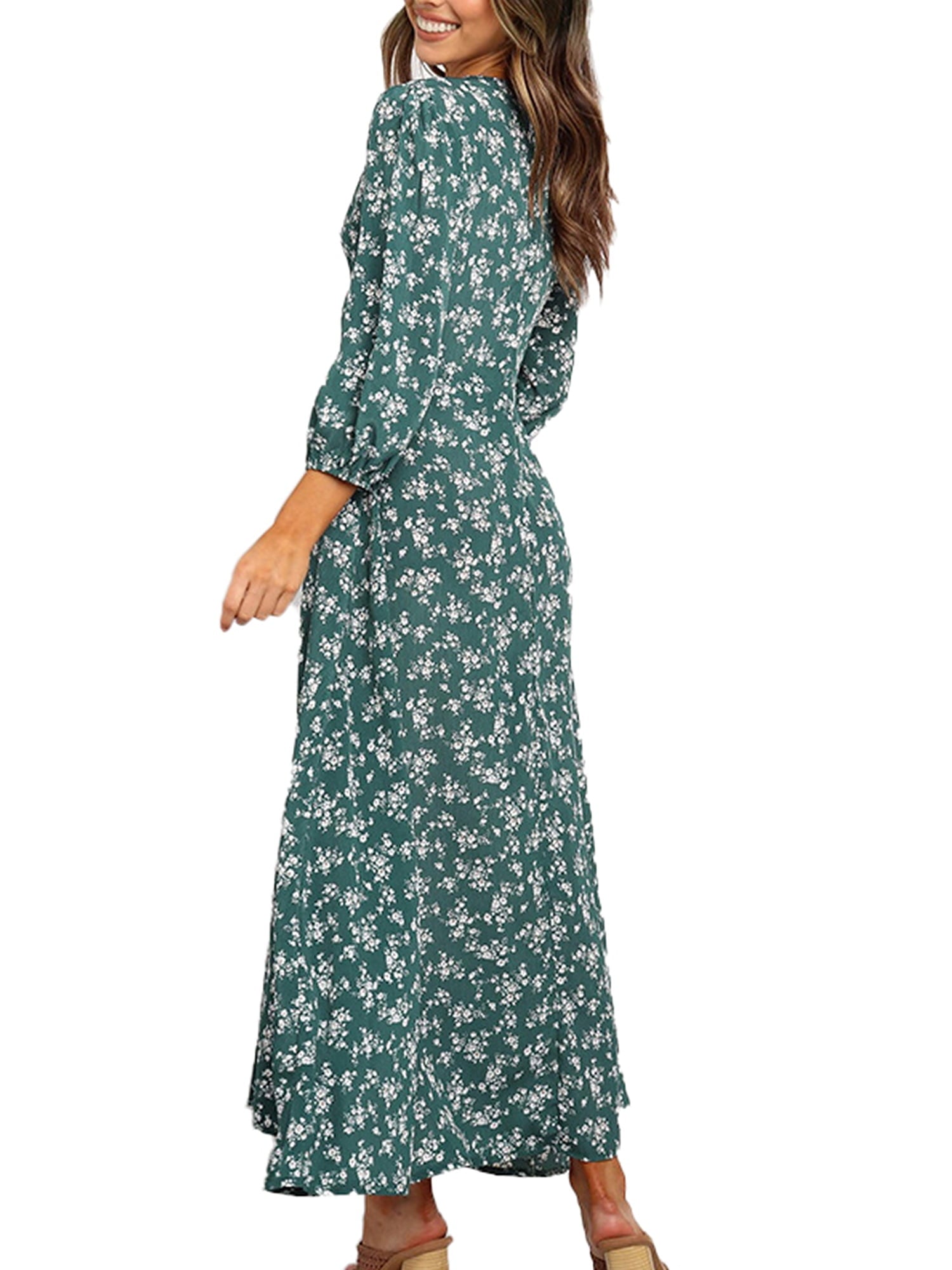 Womens Long Sleeve Bohemian Floral Maxi Dresses Loose Casual High Waist Boho Printed Maxi Dress Beach Party Dress - image 3 of 4