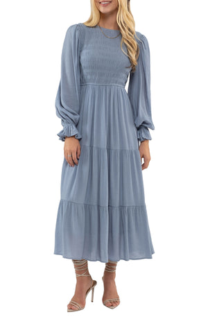 AUGUST SKY Smocked Long Sleeve Tiered Dress, Main, color, Chambray