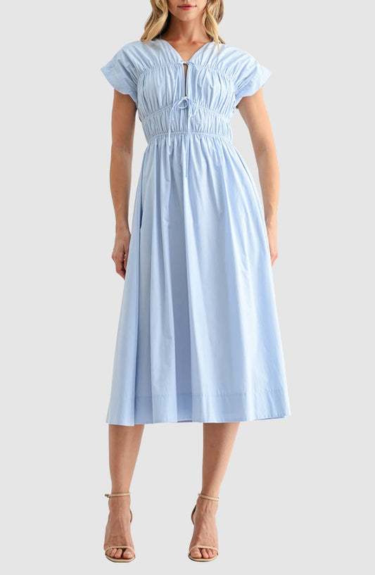 Lush Ruched Tie Front Midi Dress