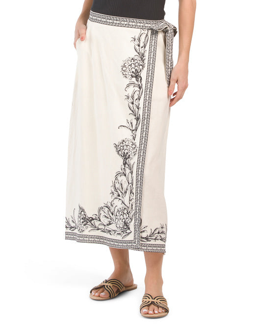 Linen Blend Border Wrap Printed Skirt