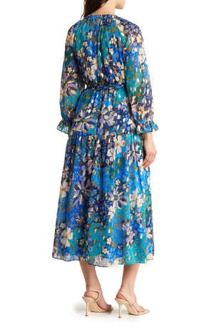 Maggy London Floral Long Sleeve Chiffon Dress, Alternate, color, Cream/ Teal