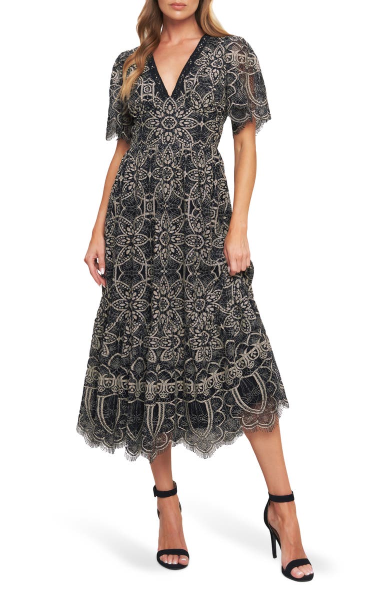 FLYING TOMATO Two-Tone Lace Short Sleeve Midi Dress