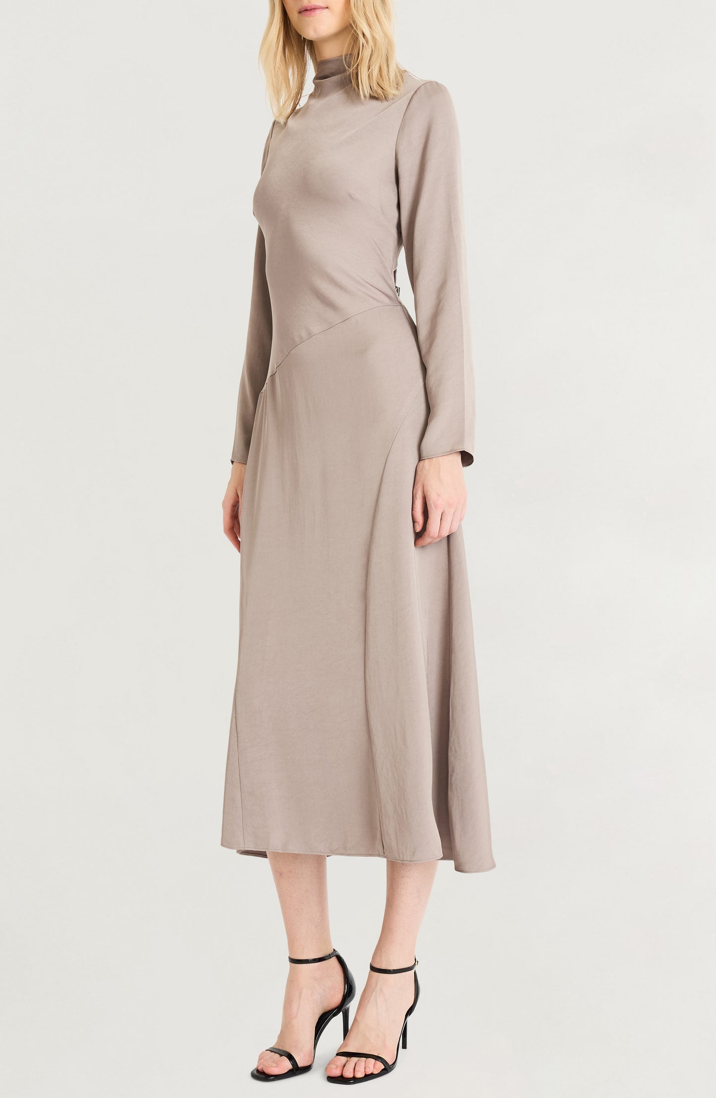 Luxely Funnel Neck Long Sleeve Midi Dress, Alternate, color, Taupe Gray