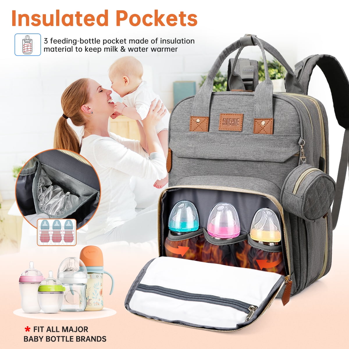 thumbnail image 3 of Diaper Bag Backpack, Multifunction Diaper Bag Backpack with Changing Station, USB Charging Port & Foldable Crib, Large Capacity Travel Backpack w/Sunshade&Pacifier Case&Stroller Straps(Grey), 3 of 7