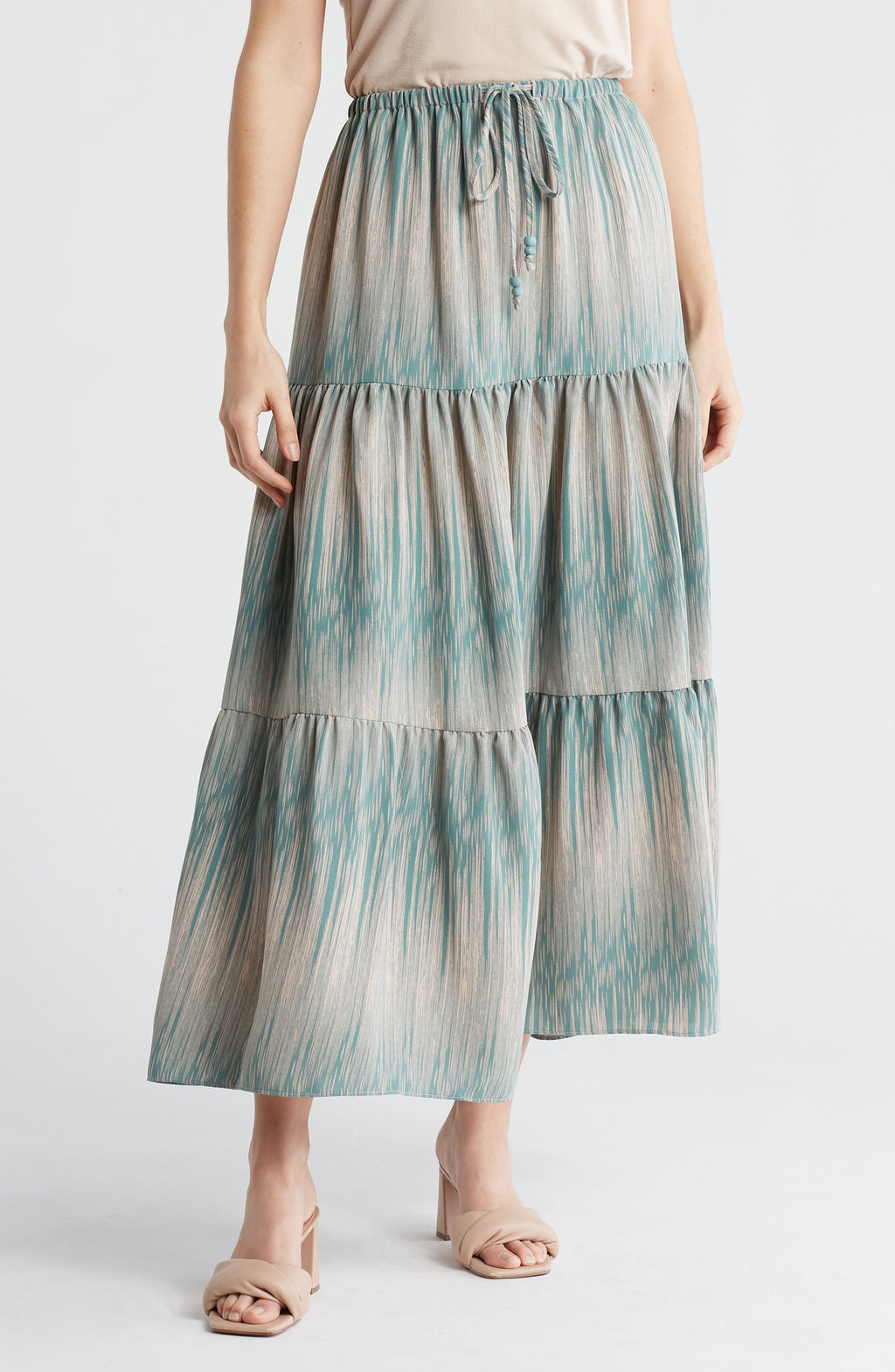 Adrianna Papell Tiered Drawstring Maxi Skirt, Main, color, Pebble/ Aqua Vertical