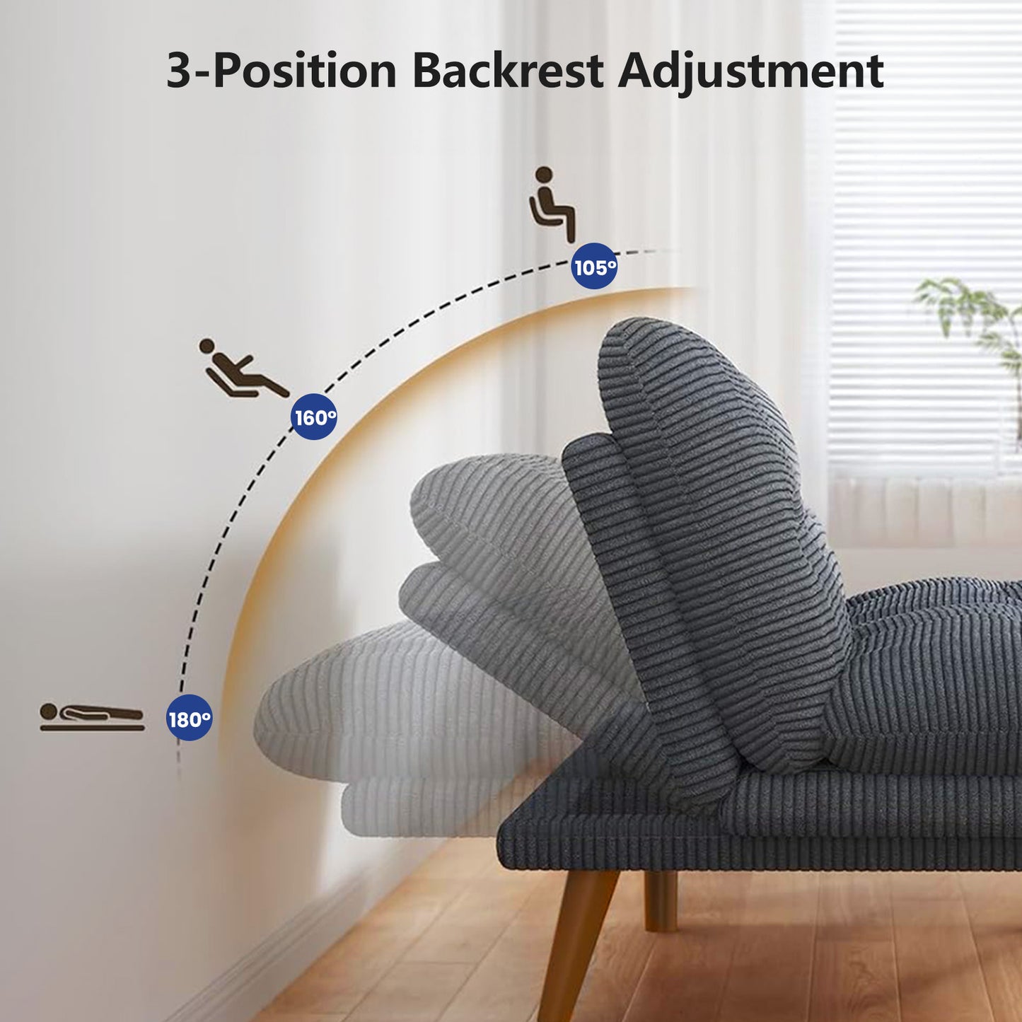 Walmart CHITOOMA 75" Corduroy Futon Sofa Bed, Gray Convertible Couch with Adjustable Backrest and 6-Level Armrests, Comfy Sleeper Sofa for Living Room, Apartment, or Office