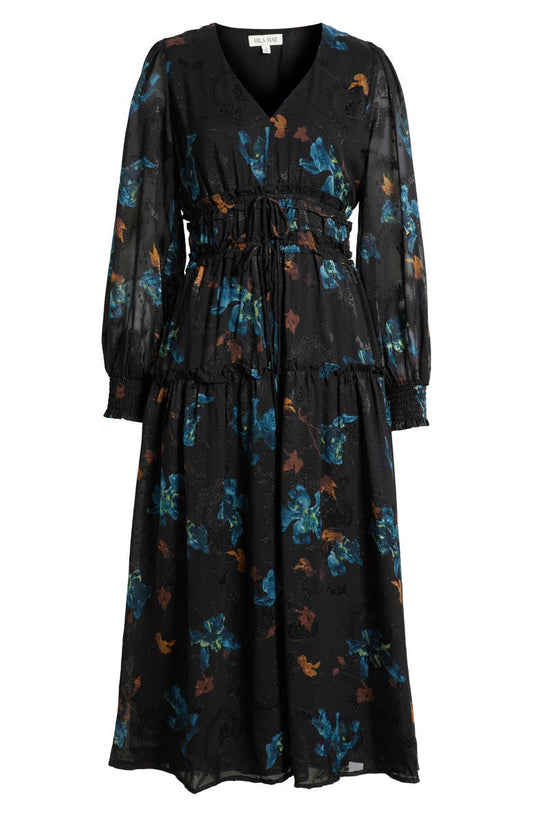 Mila Mae Floral Tiered Long Sleeve Tie Detail Midi Dress