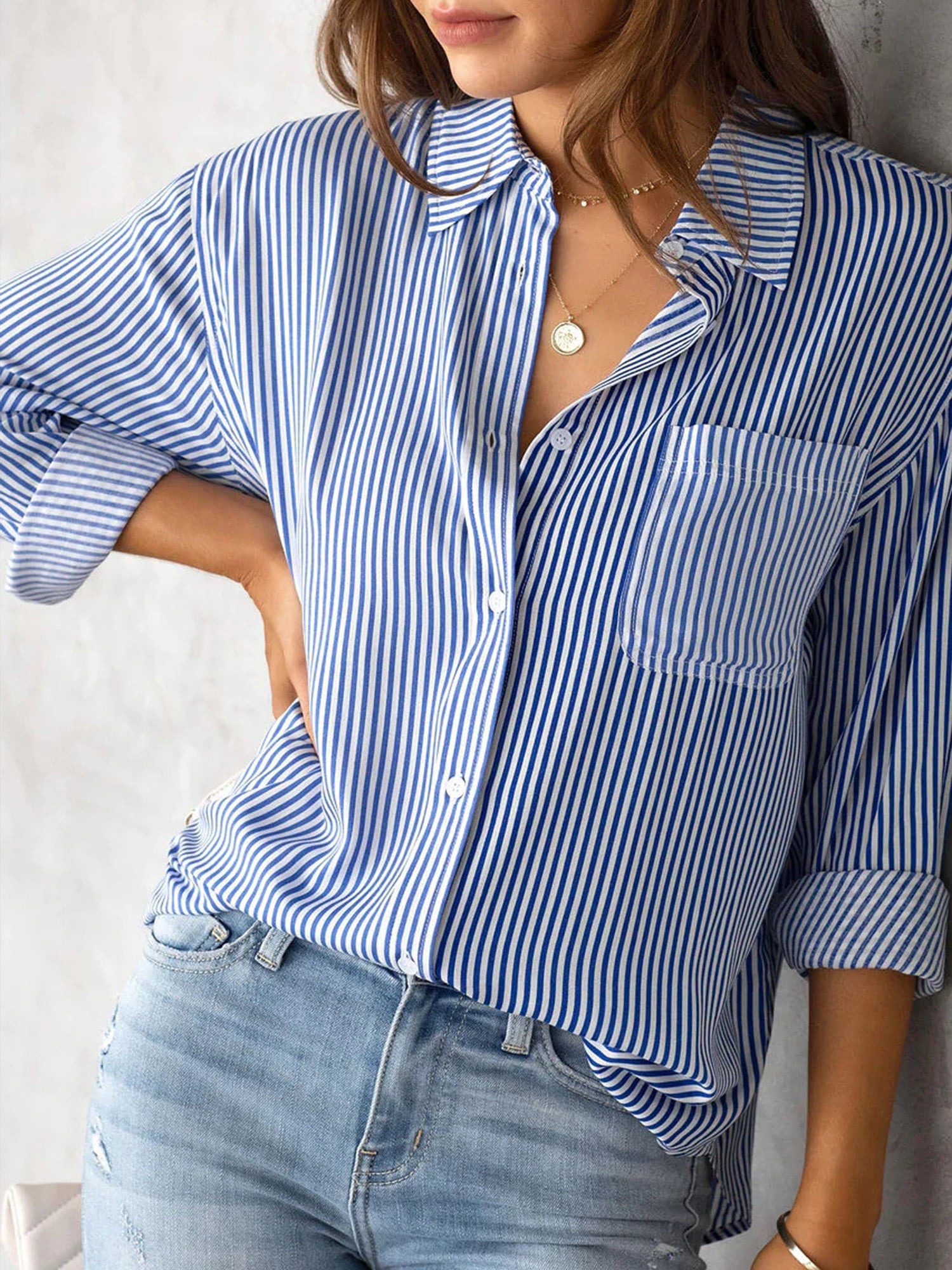 Charmo Women's Striped Button Down Blouses Casual Long Sleeve Shirts - image 5 of 6