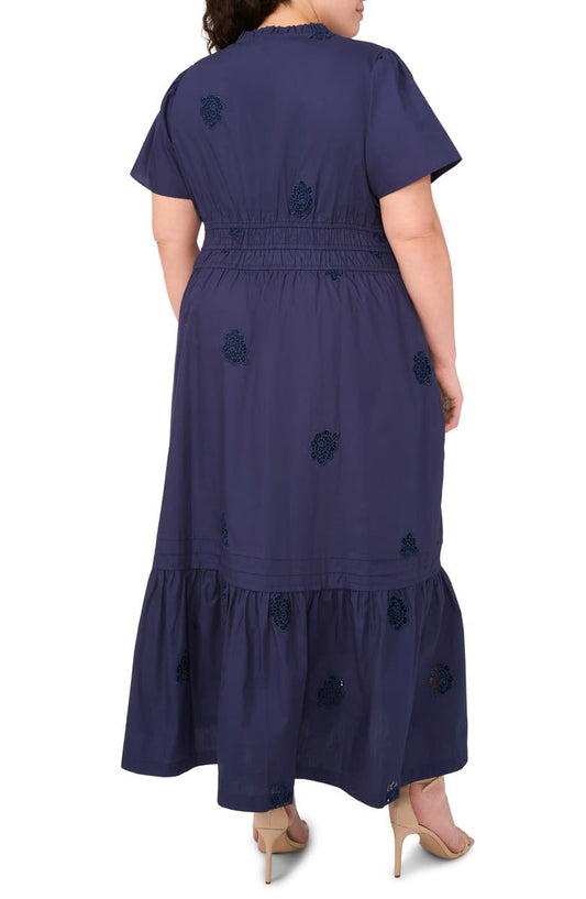 CeCe Floral Embroidered Flounce Hem Cotton Maxi Dress