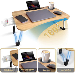 thumbnail image 2 of PHANCIR Foldable Lap Desk, 23.6 Inch Portable Wood Laptop Desk Table Workspace Organizer Bed Sofa Tray with Slots/Cup Holder/Drawer, Anti-Slip for Reading Writing Eating Watching, Walnut, 2 of 7