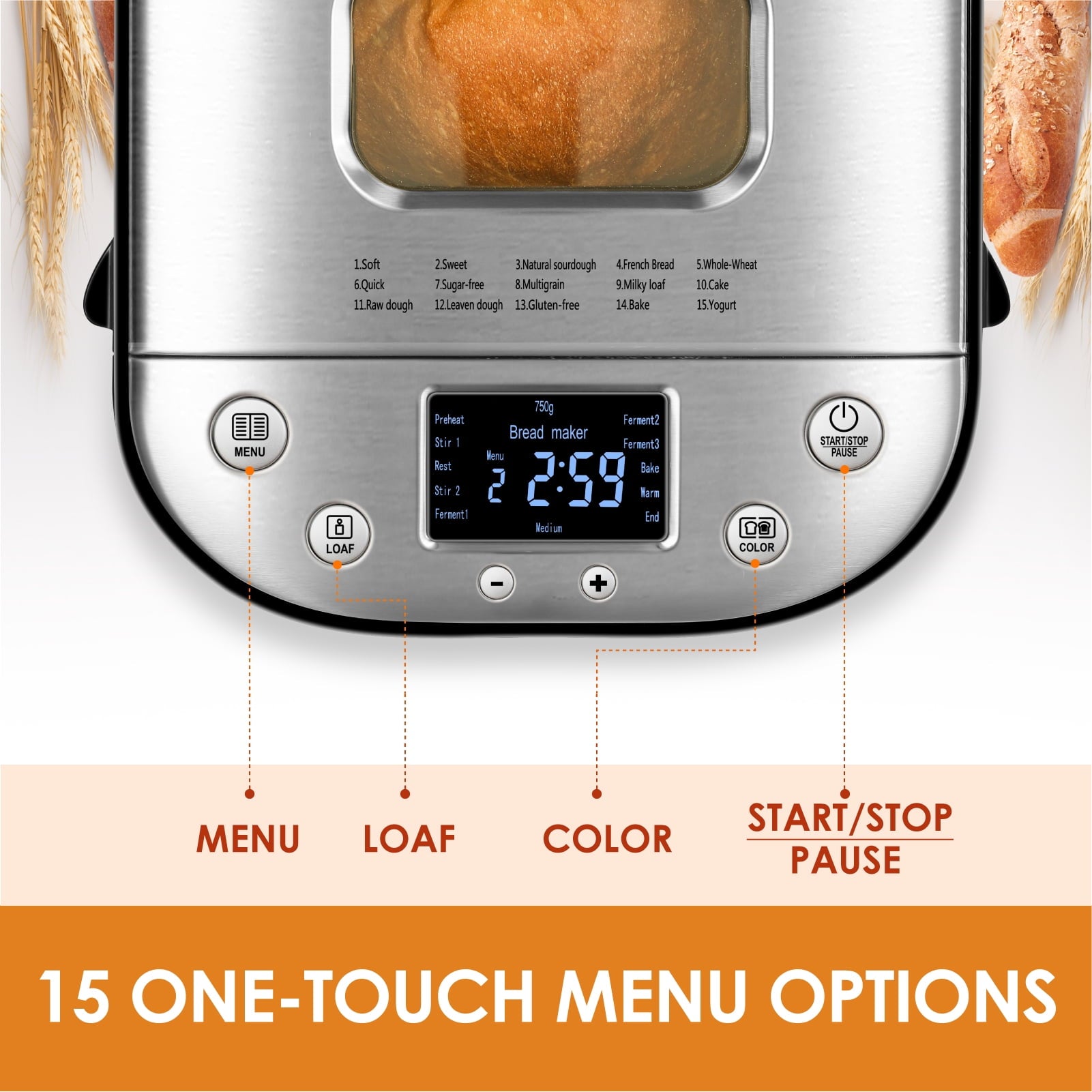thumbnail image 3 of Kitchen in the box 15-in-1 Bread Machine, 2LB Stainless Steel Automatic Bread Maker with Recipes-Silver, 3 of 7