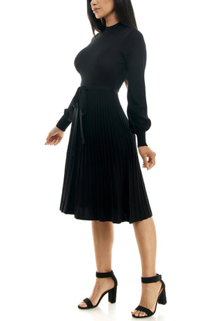 Nina Leonard Tie Waist Fit & Flare Sweater Dress, Alternate, color, Black