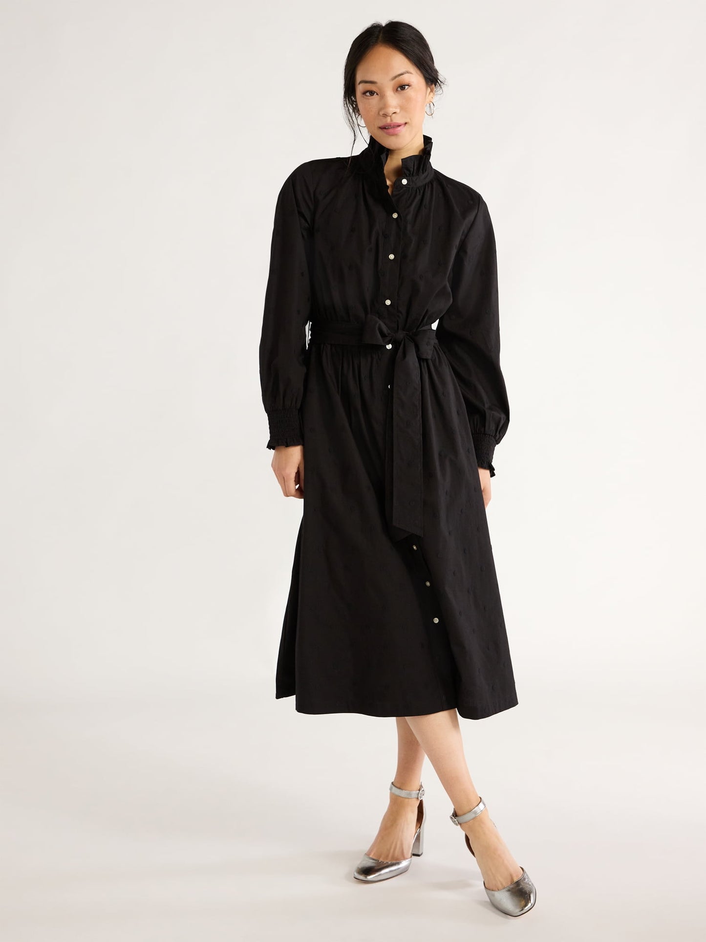 thumbnail image 1 of Free Assembly Women's Ruffle Neck Cotton Embroidered Midi Dress, Sizes XS-XXL, 1 of 5