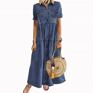 New Year's Deals!Tuscom Women's Dresses Summer Casual Multi-Button Denim Maxi Dress Lapel Short Sleeve Loose Long Jeans Dress with Pockets - image 1 of 4