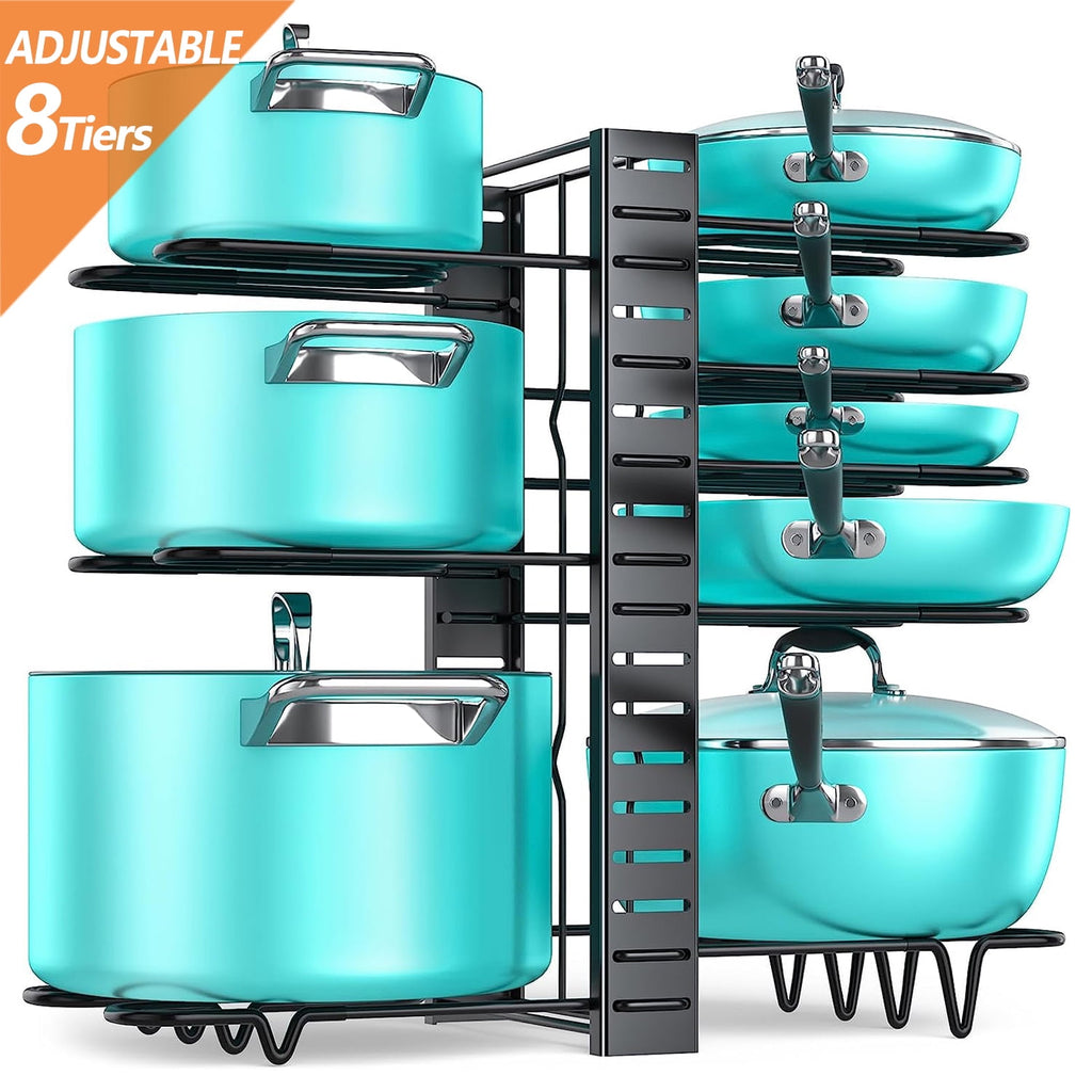 thumbnail image 1 of PHANCIR Pots and Pans Organizer Rack, 3 DIY Methods Adjustable 8-Tier Pot and Pan Rack, Metal Heavy Duty Organizer with Anti-slip Silicone Pad for Cabinet Kitchen Organization Storage, 1 of 9