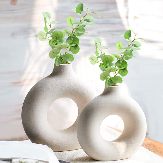 Walmart Puseky Nordic Style Ceramic Vase Set of 2, White Ceramic Vase for Home Decor, Modern Farmhouse Donut Shape Flower Vase for Bookshelf