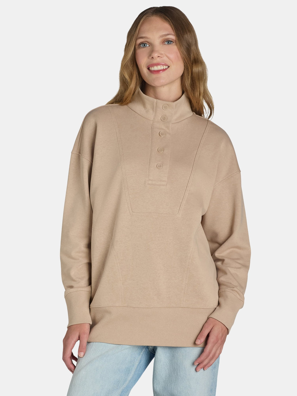 thumbnail image 1 of Time and Tru Women's Mock Neck Sweatshirt with Button Placket, Sizes XS-XXXL, 1 of 5