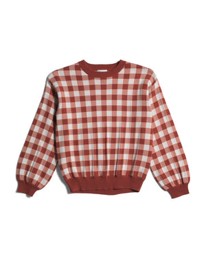 Girls Brick And Off White Gingham Jacquard Sweater