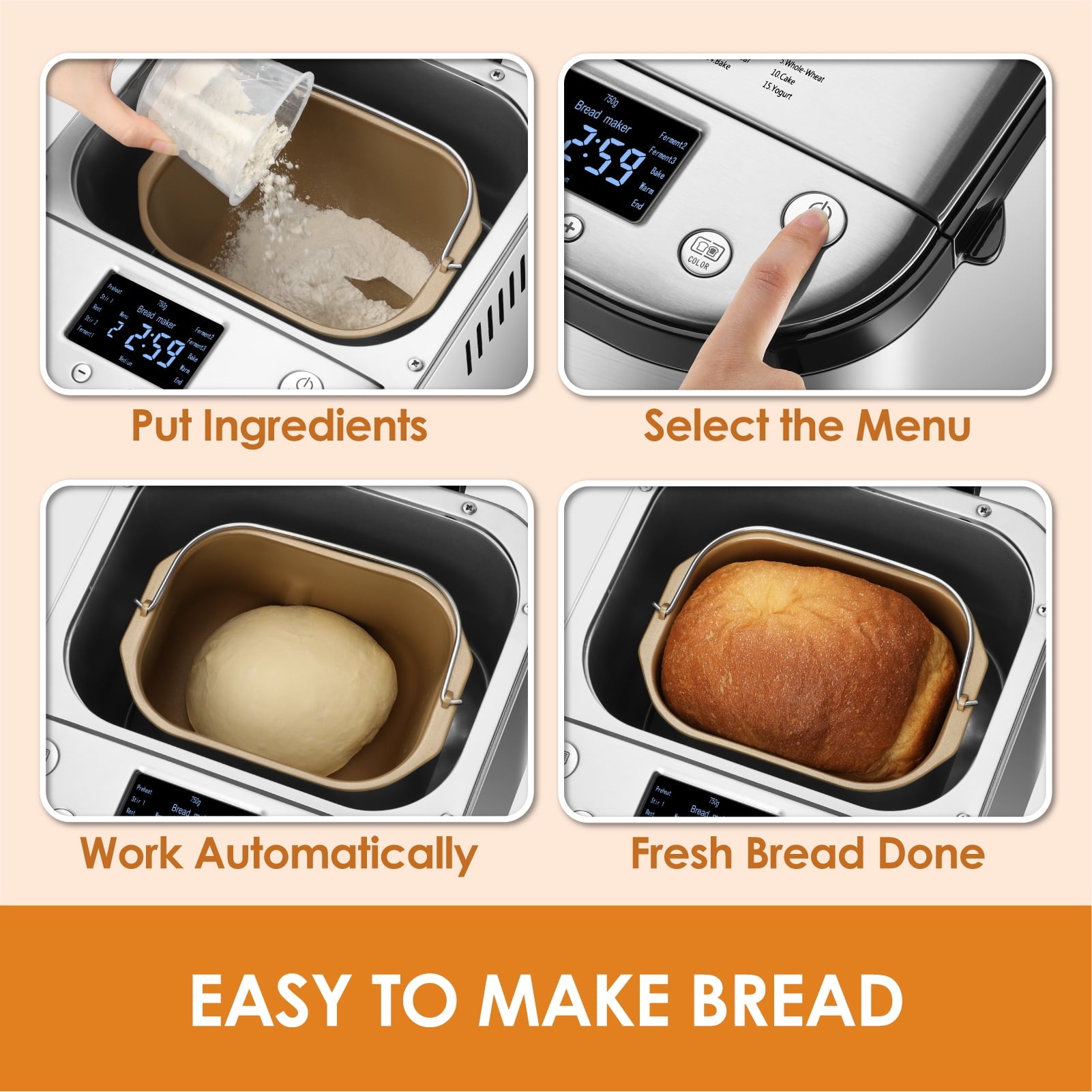 thumbnail image 4 of Kitchen in the box 15-in-1 Bread Machine, 2LB Stainless Steel Automatic Bread Maker with Recipes-Silver, 4 of 7