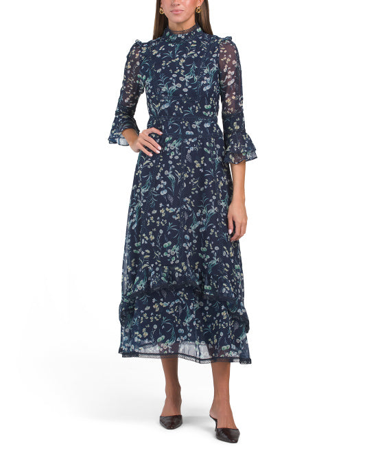 Floral Maxi Dress With Eyelet Trim And Mock Neck