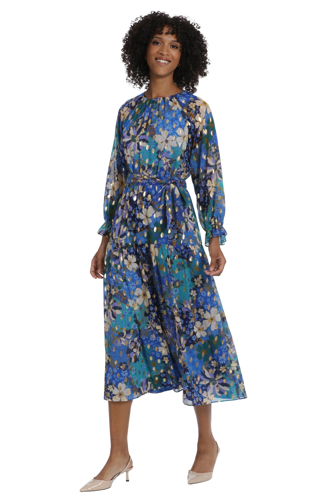 Maggy London Floral Long Sleeve Chiffon Dress, Alternate, color, Cream/ Teal