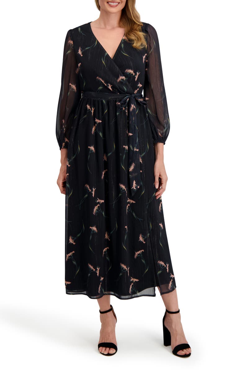 Laundry by Shelli Segal Maya Floral Long Sleeve Faux Wrap Chiffon Dress