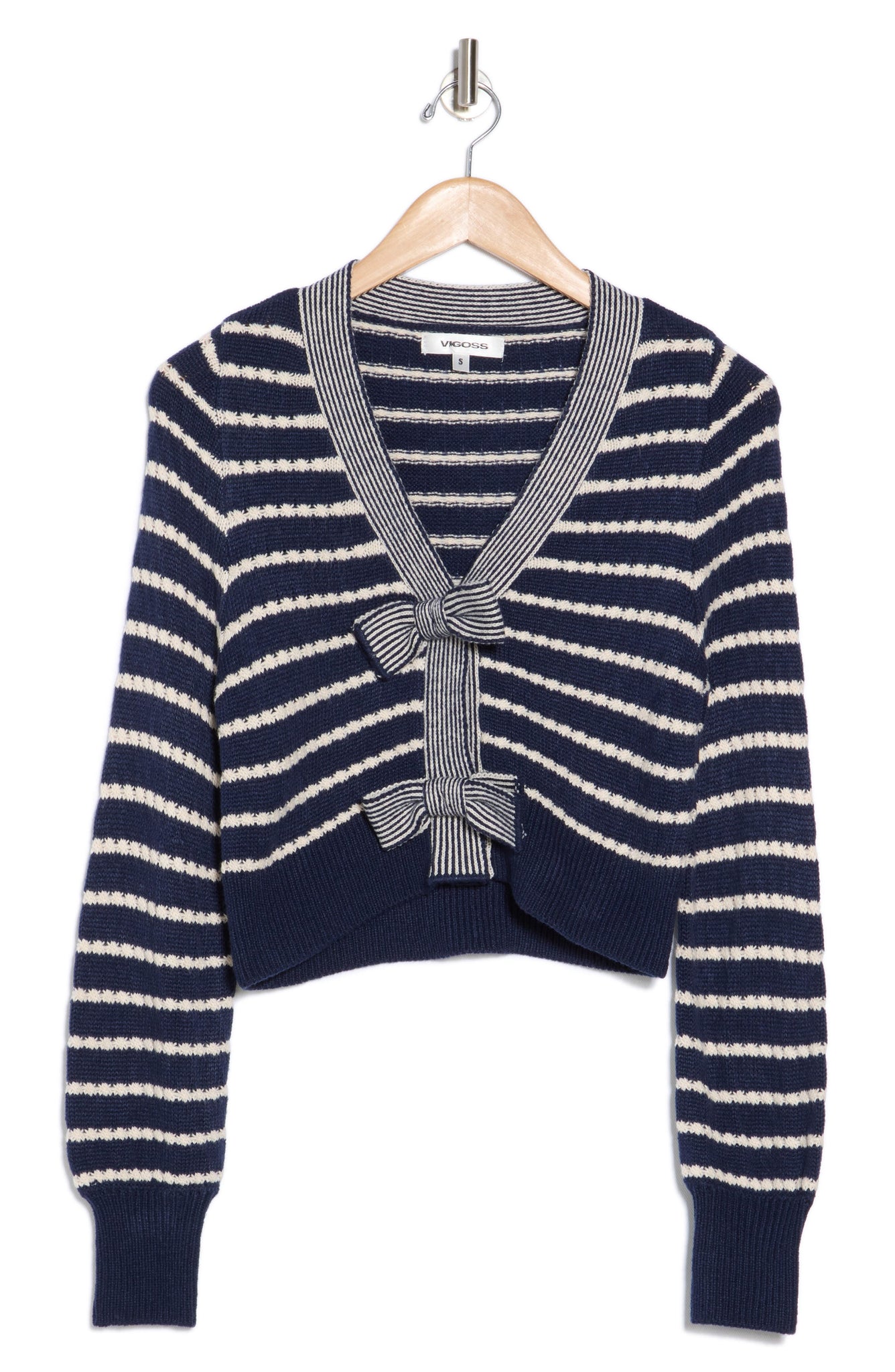 Vigoss Stripe Textured Bow Crop Cardigan, Alternate, color, Navy