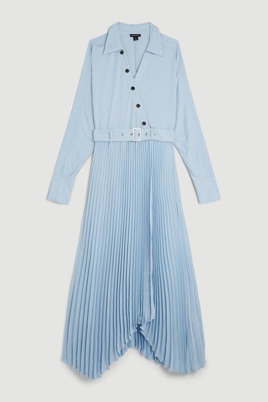 Jersey And Georgette Mix Belted Pleat Midi Dress