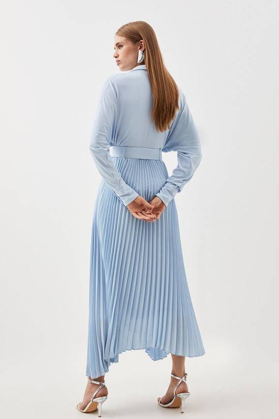 Jersey And Georgette Mix Belted Pleat Midi Dress